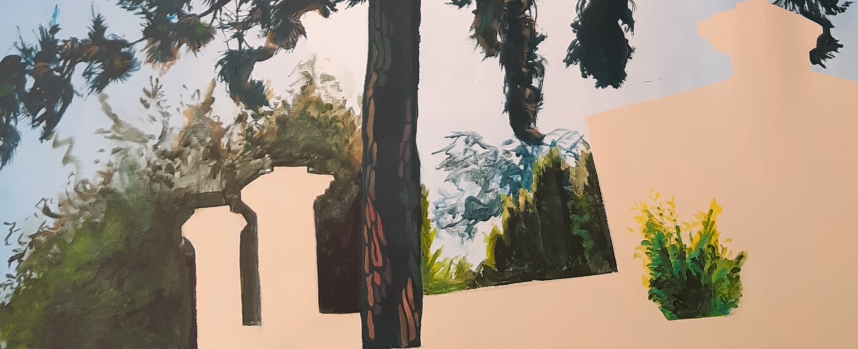 Acrylique sur toile, vue en plongée d'un pin traversé par les rayons du soleil, par la peintre Juliette Lamarca, Galerie Virginie Baro