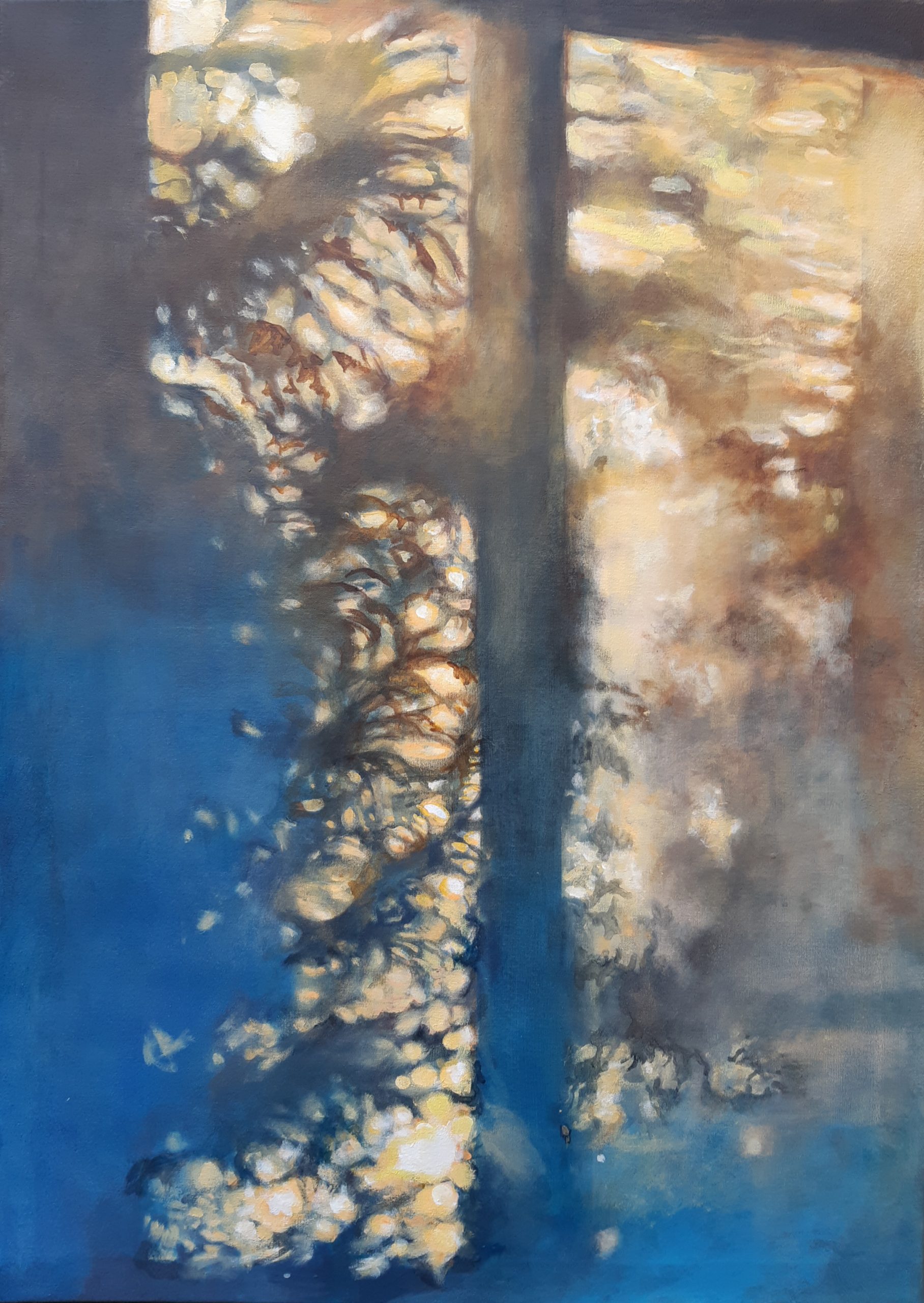 Acrylique sur toile d'un jeu d'ombres et de lumières d'arbres sur le sol, par la peintre juliette Lamarca, représentée par la Galerie Virginie Baro