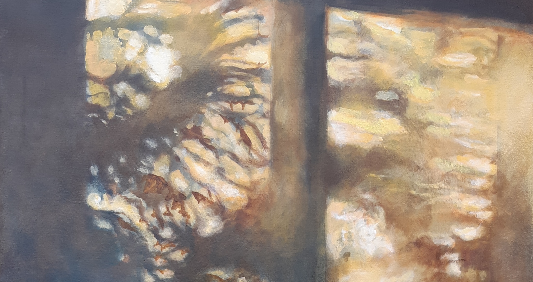 Acrylique sur toile d'un jeu d'ombres et de lumières d'arbres sur le sol, par la peintre juliette Lamarca, représentée par la Galerie Virginie Baro