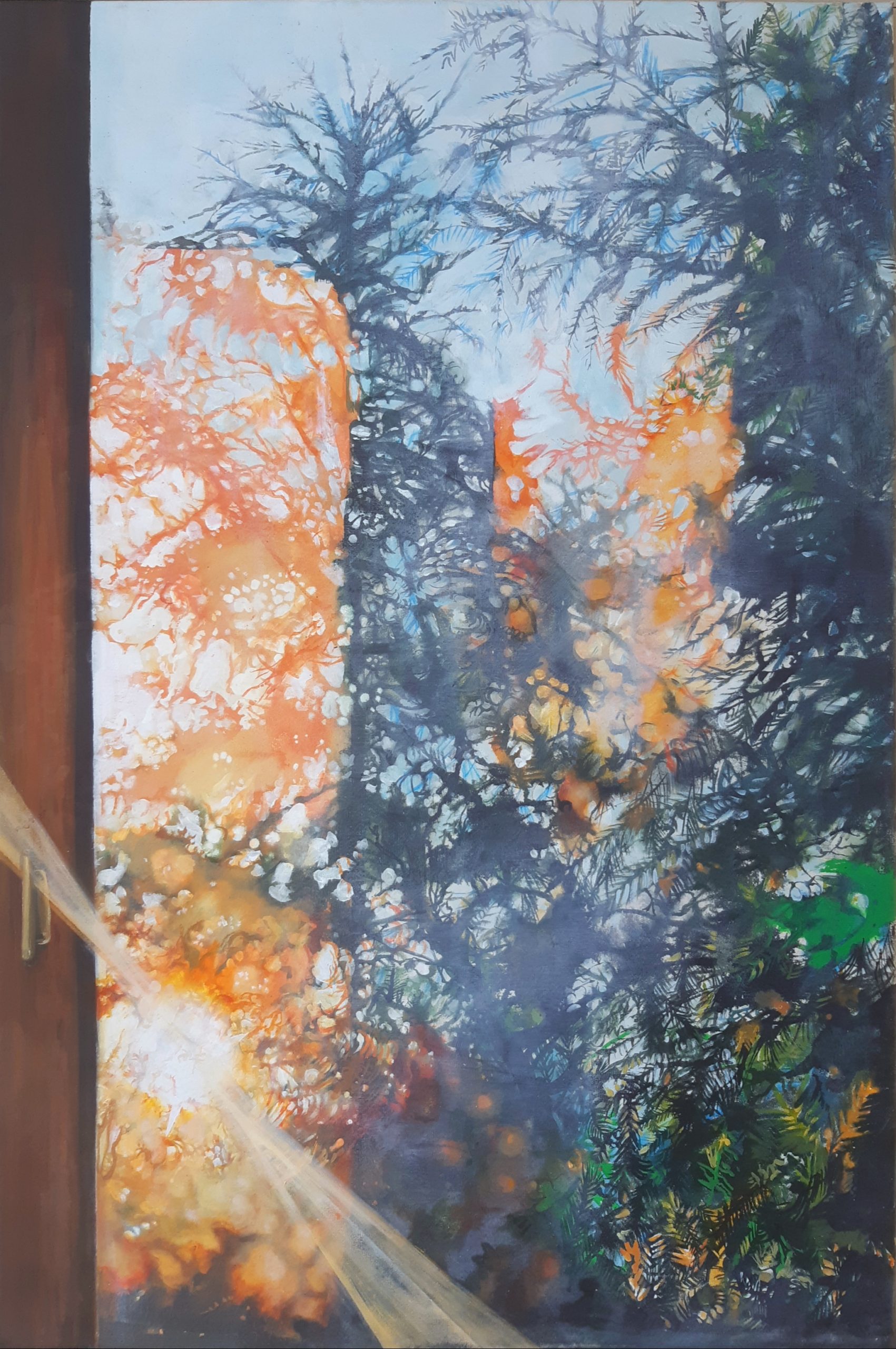 Acrylique sur toile d'une vue sur des pins au travers d'une fenêtre pris dans un rayon de soleil, peintre Juliette Lamarca, Galerie Virginie Baro