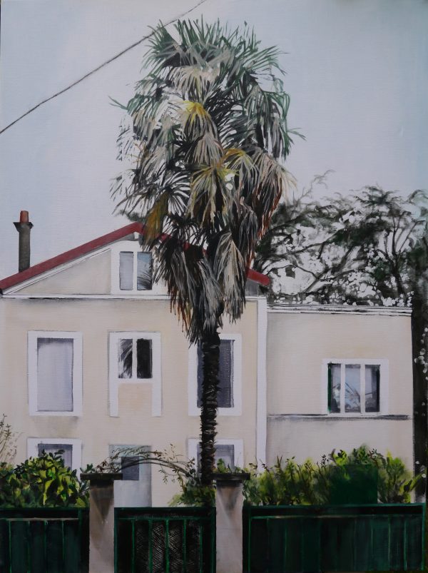 Acrylique sur toile d'une maison de ville et de son gigantesque palmier, peintre Juliette Lamarca, Galerie Virginie Baro