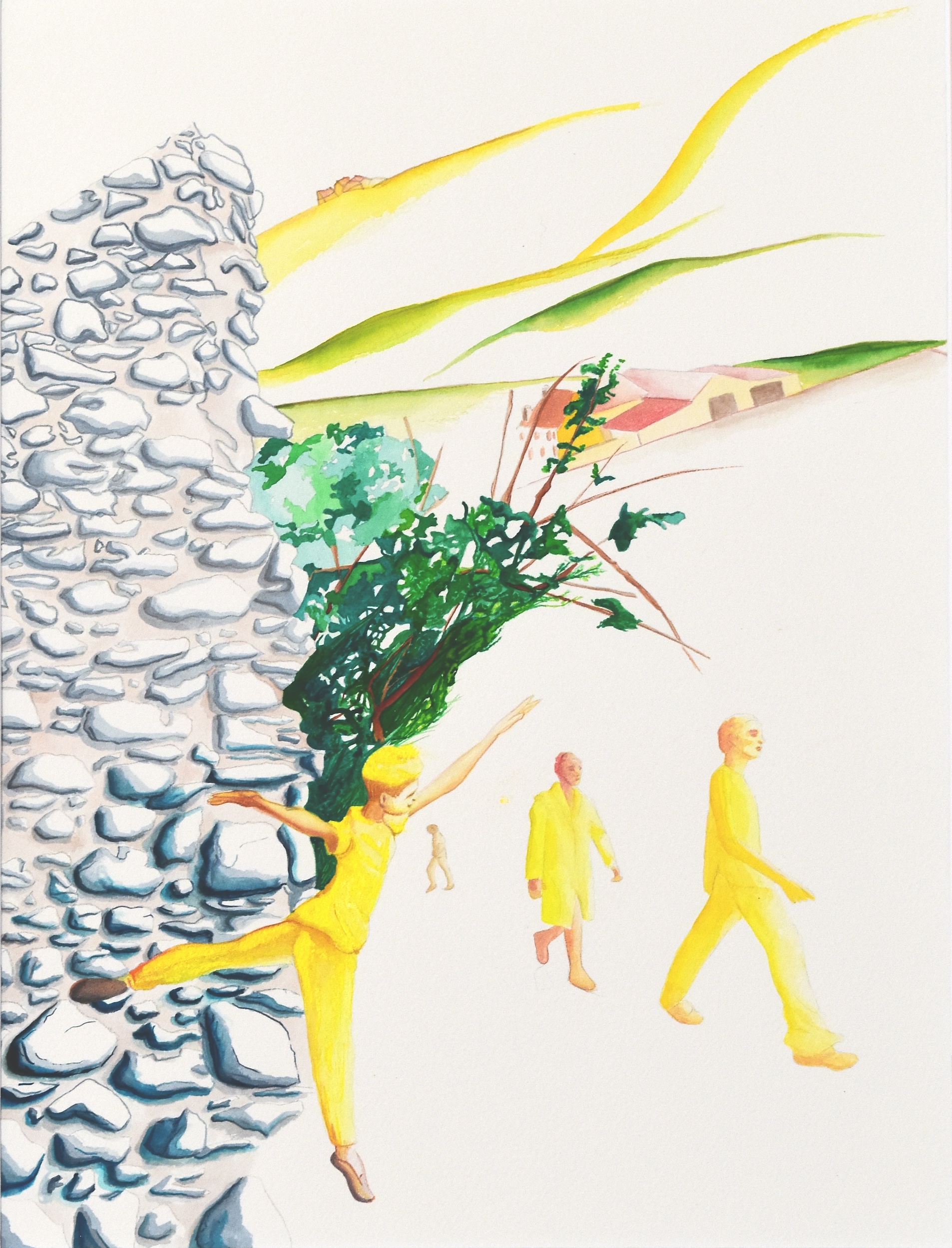 Dessin figuratif à l'encre évoquant un paysage de campagne et des architectures agricoles, Marie Labat représentée par la Galerie Virginie Baro