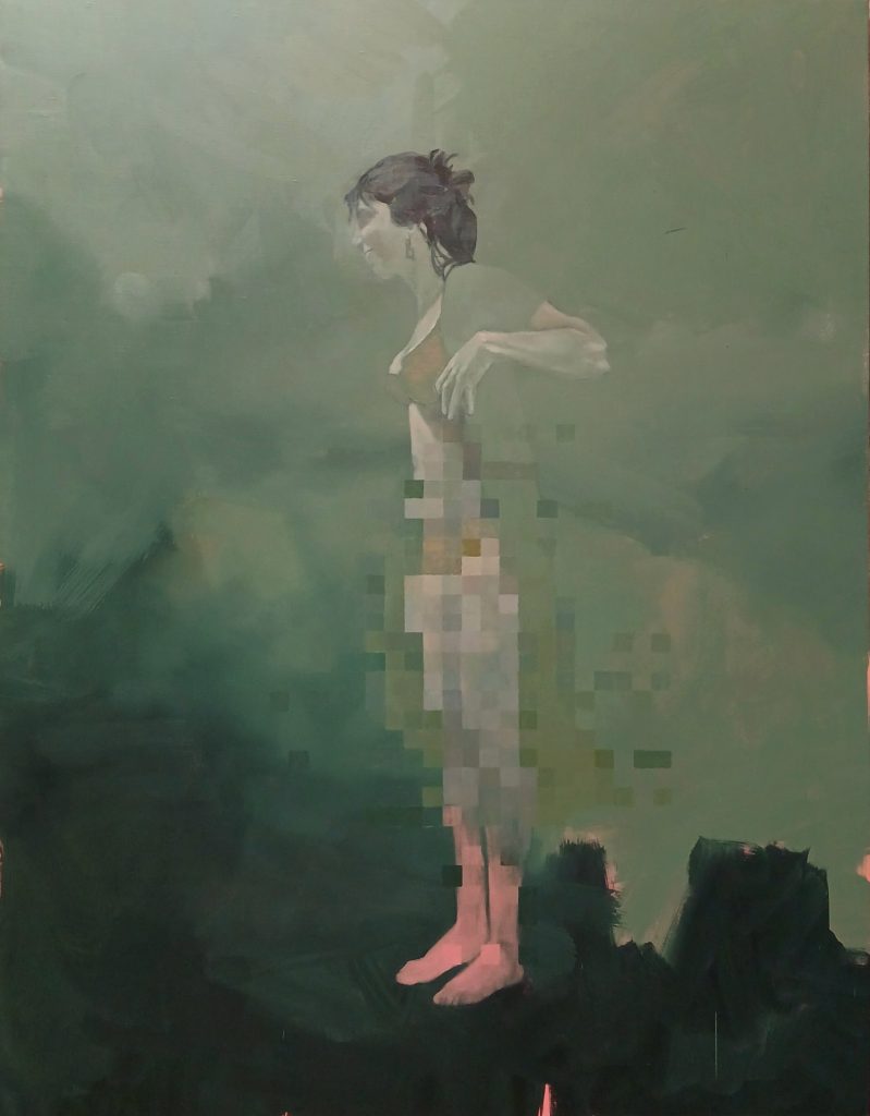 Peinture à l'huile sur toile d'une femme pixelisée sur fond abstrait, Thomas Loyatho représenté par la Galerie Virginie Baro