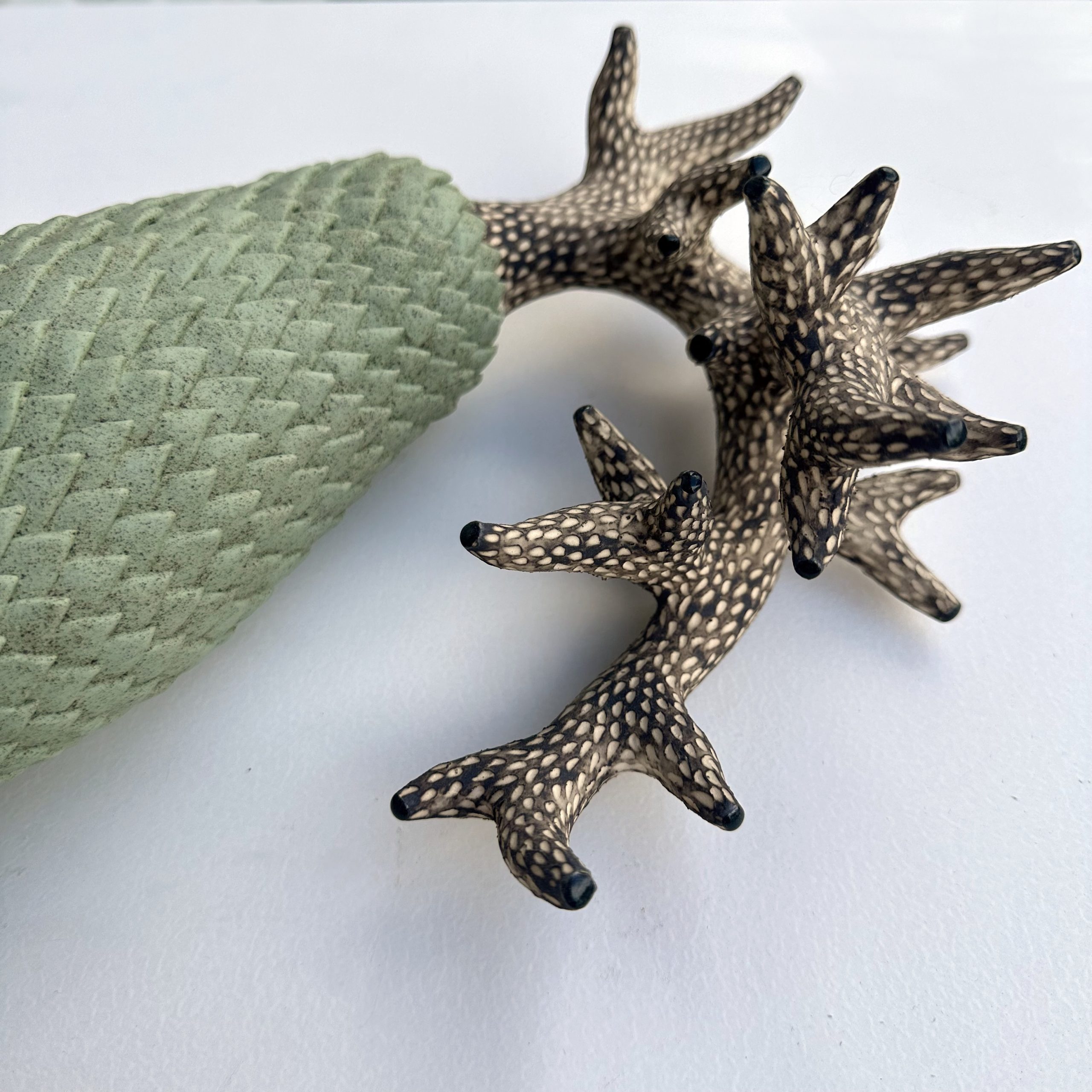 Céramique contemporaine modelée, engobée, émaillée évoquant un végétal par Éliane Monnin, représentée par la Galerie Virginie Baro